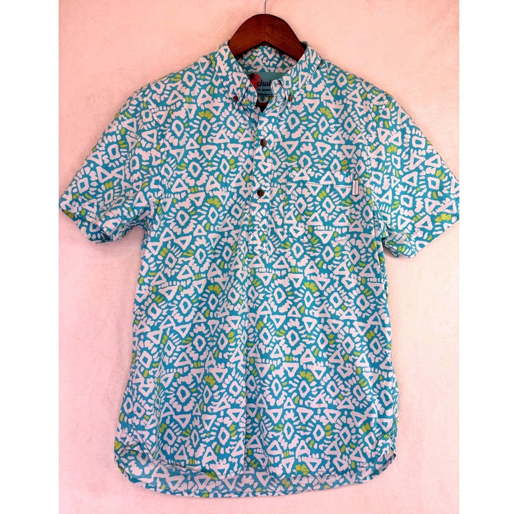 CHUBBIES Mens Short Sleeve Popover Shirt Geometric Tribal Teal Vacation Beach
